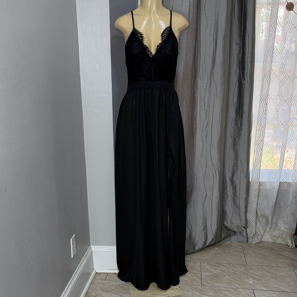 Black  Women’s Lace Trim Spaghetti Strap Maxi Dress Sz M